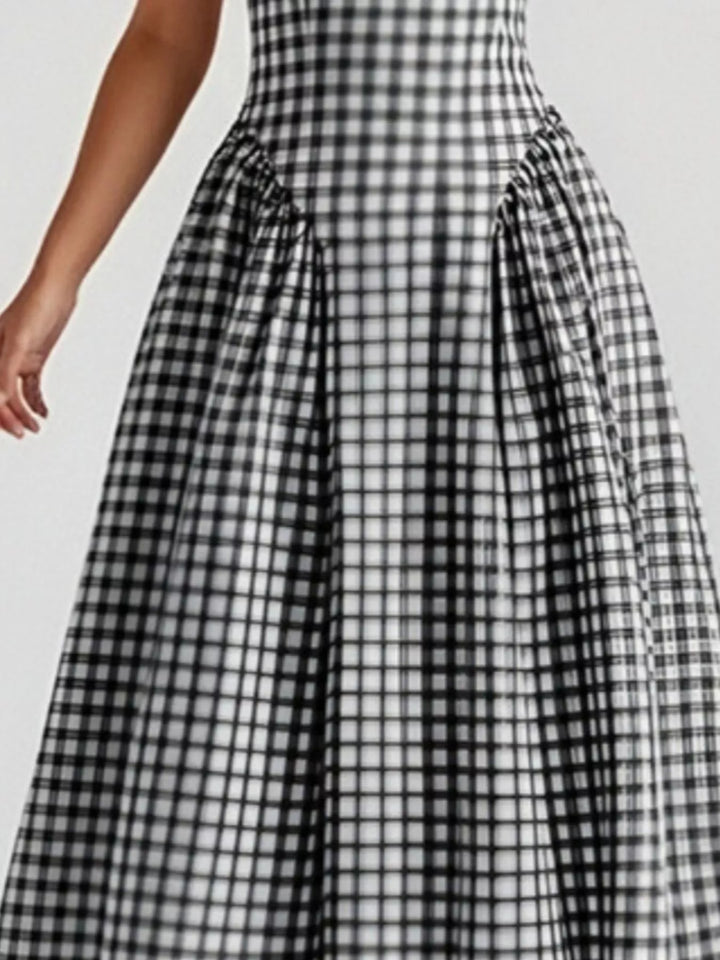 Plaid square-neck sleeveless fit-and-flare midi dress