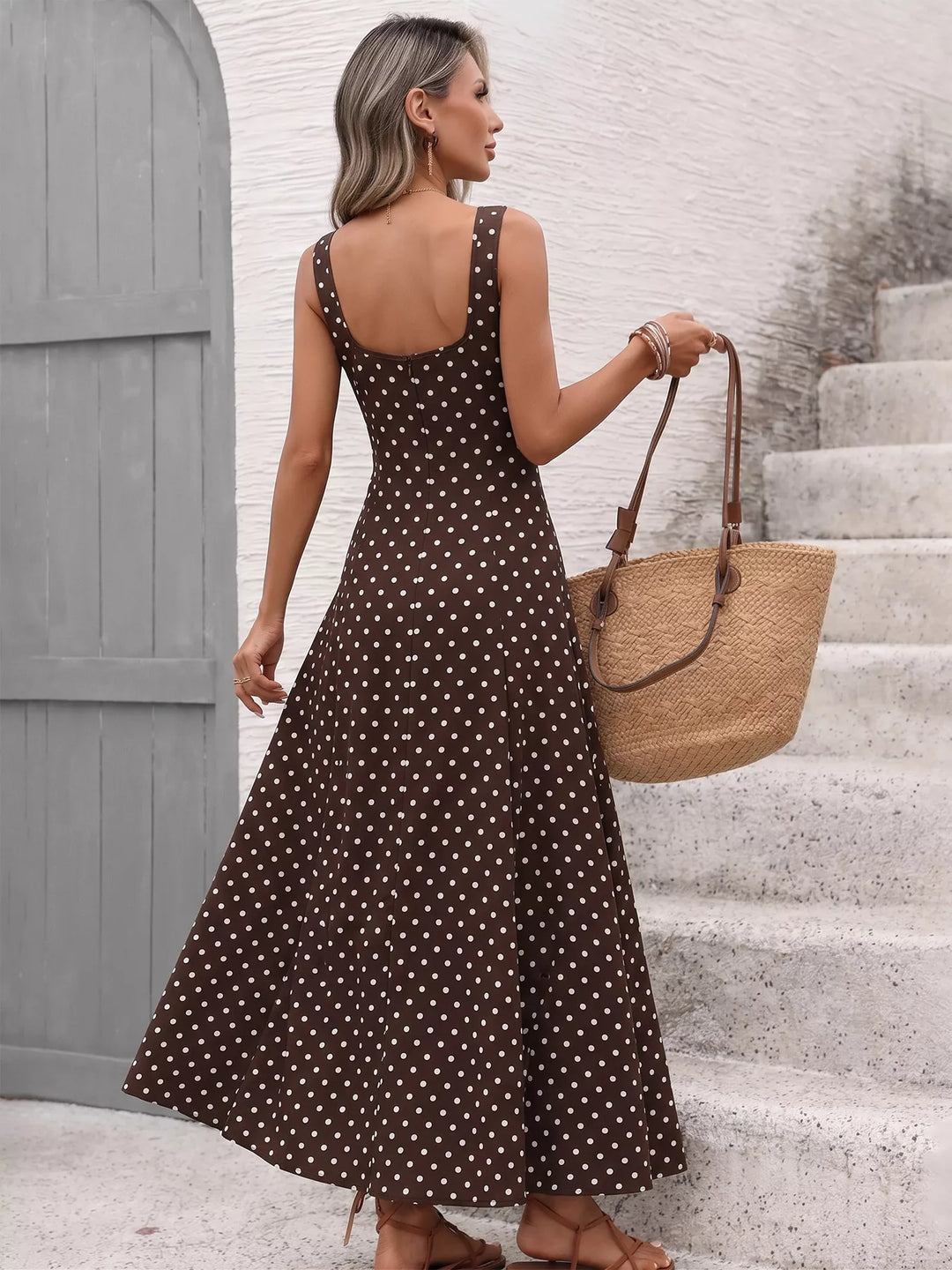 Sleeveless polka dot square-neck maxi dress