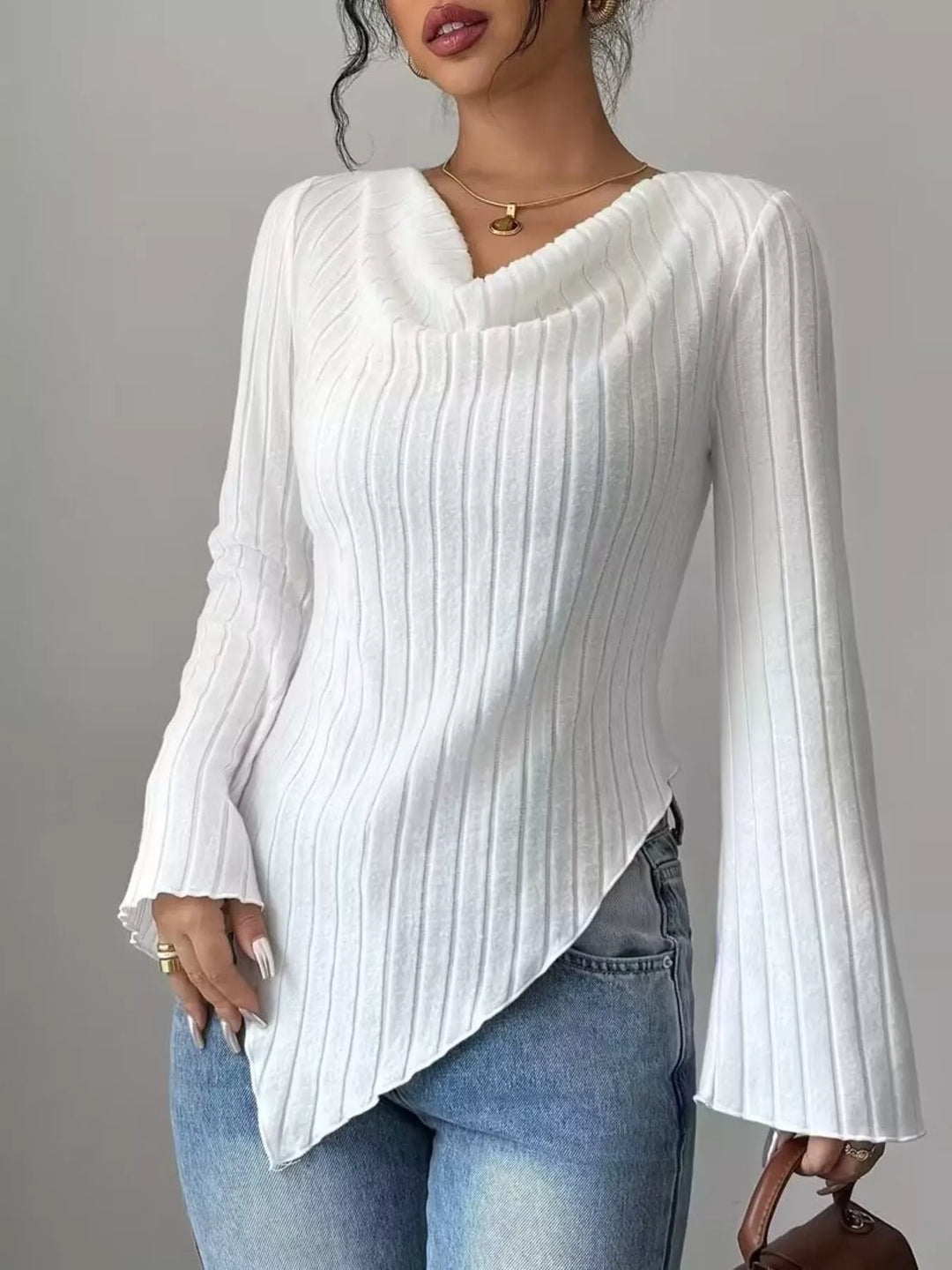 Gray/white Ribbed knit cowl neck top with asymmetric hem and flared sleeves