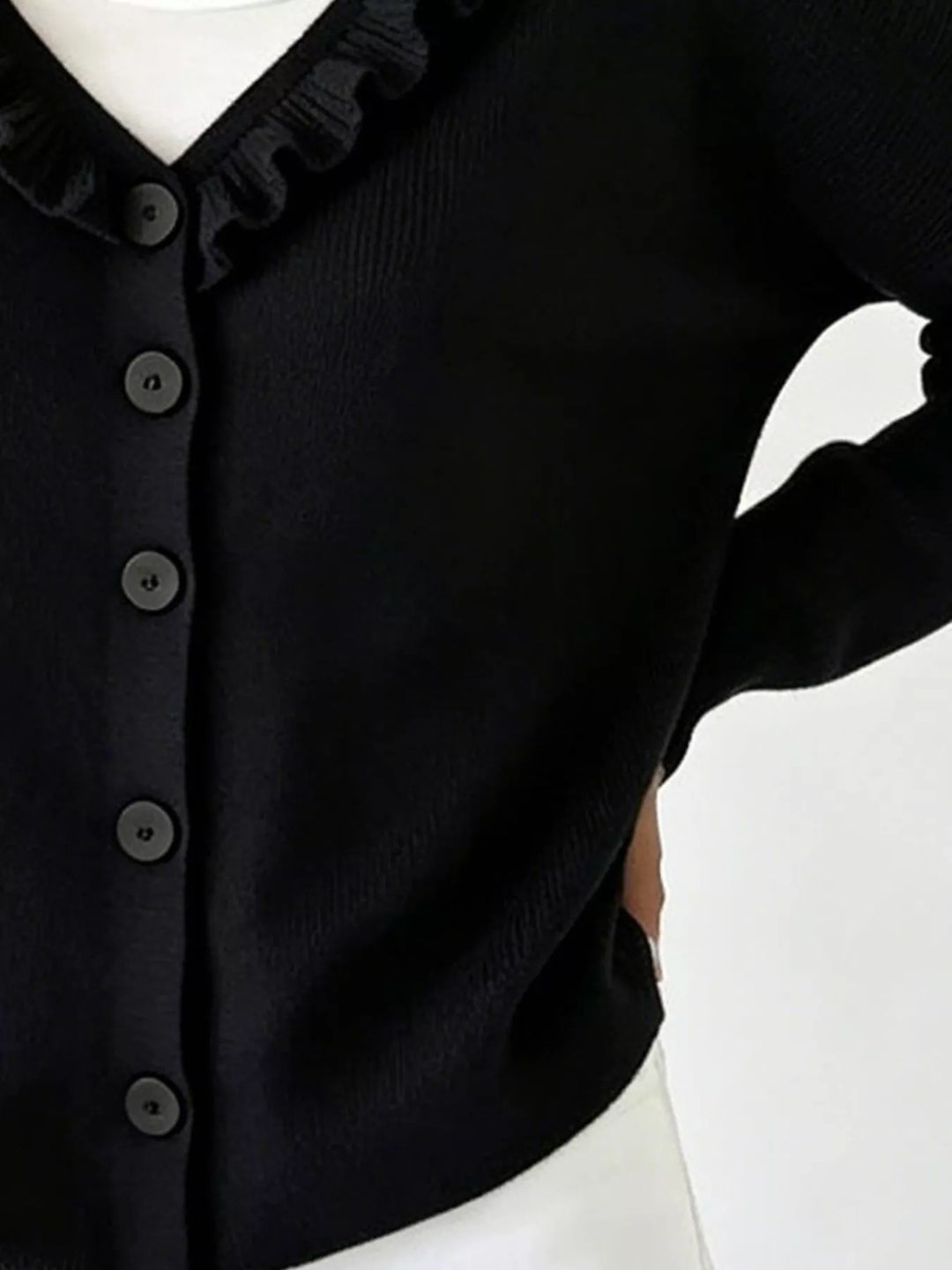 Ruffle-trim V-neck button-front knit cardigan