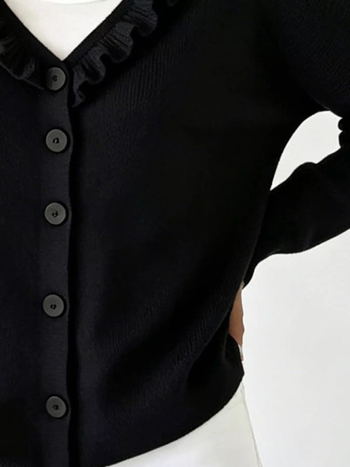 Ruffle-trim V-neck button-front knit cardigan