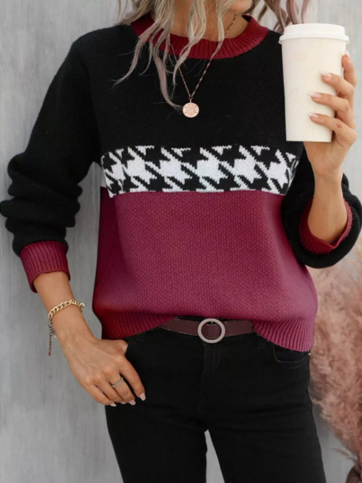 Color block houndstooth crew neck sweater