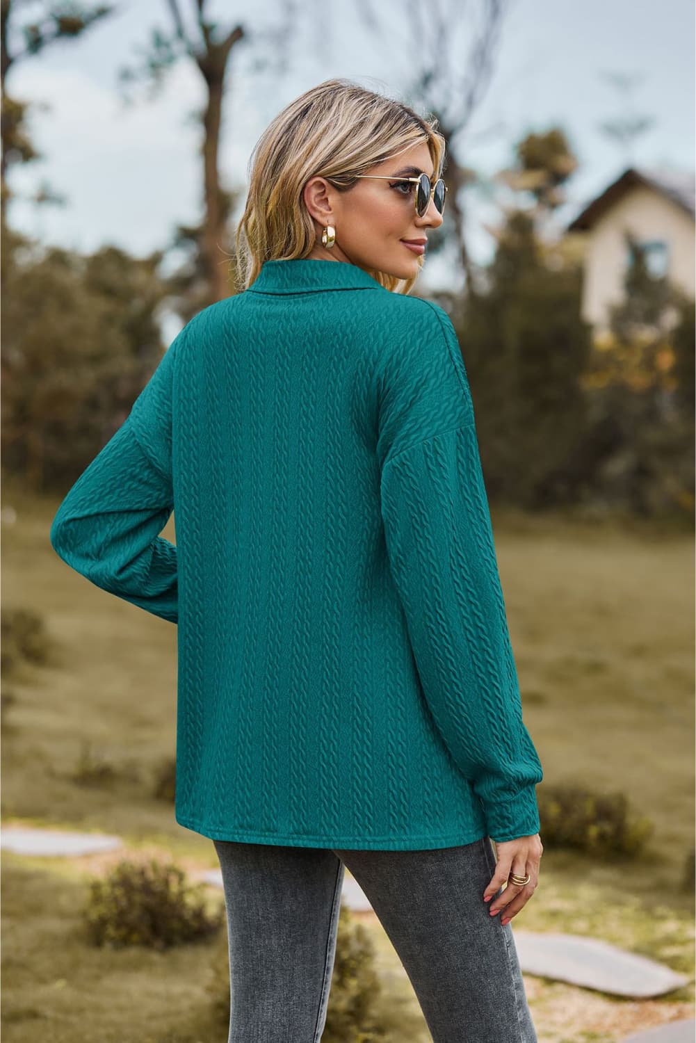 Textured knit collared top with half-button placket