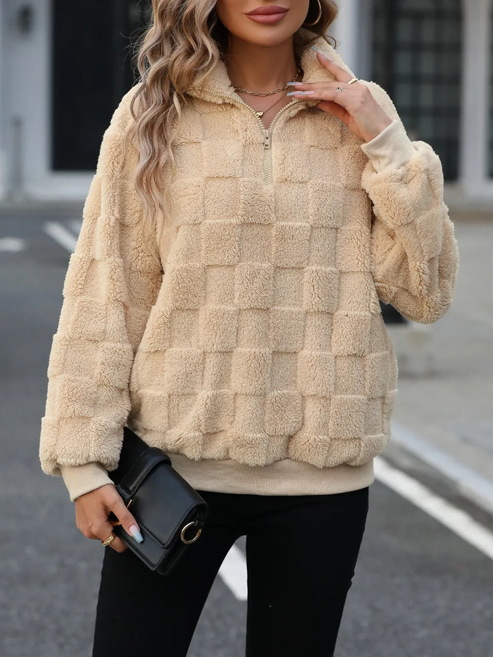 Tan Fuzzy checkered quarter-zip pullover sweatshirt with pockets