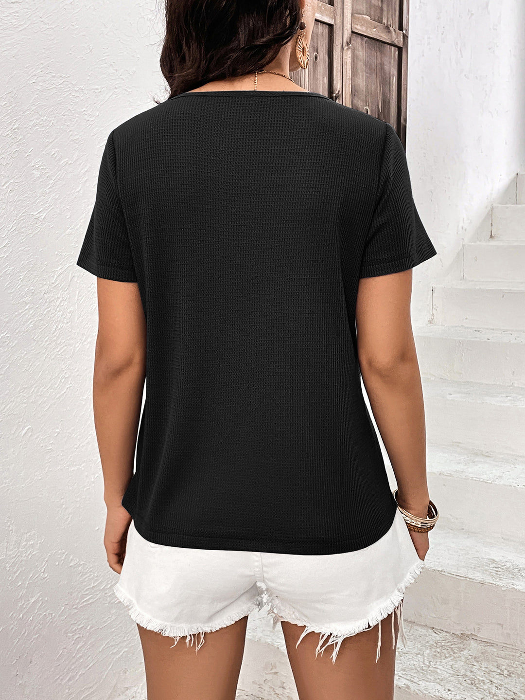 Contrast lace-trim waffle-knit short sleeve top
