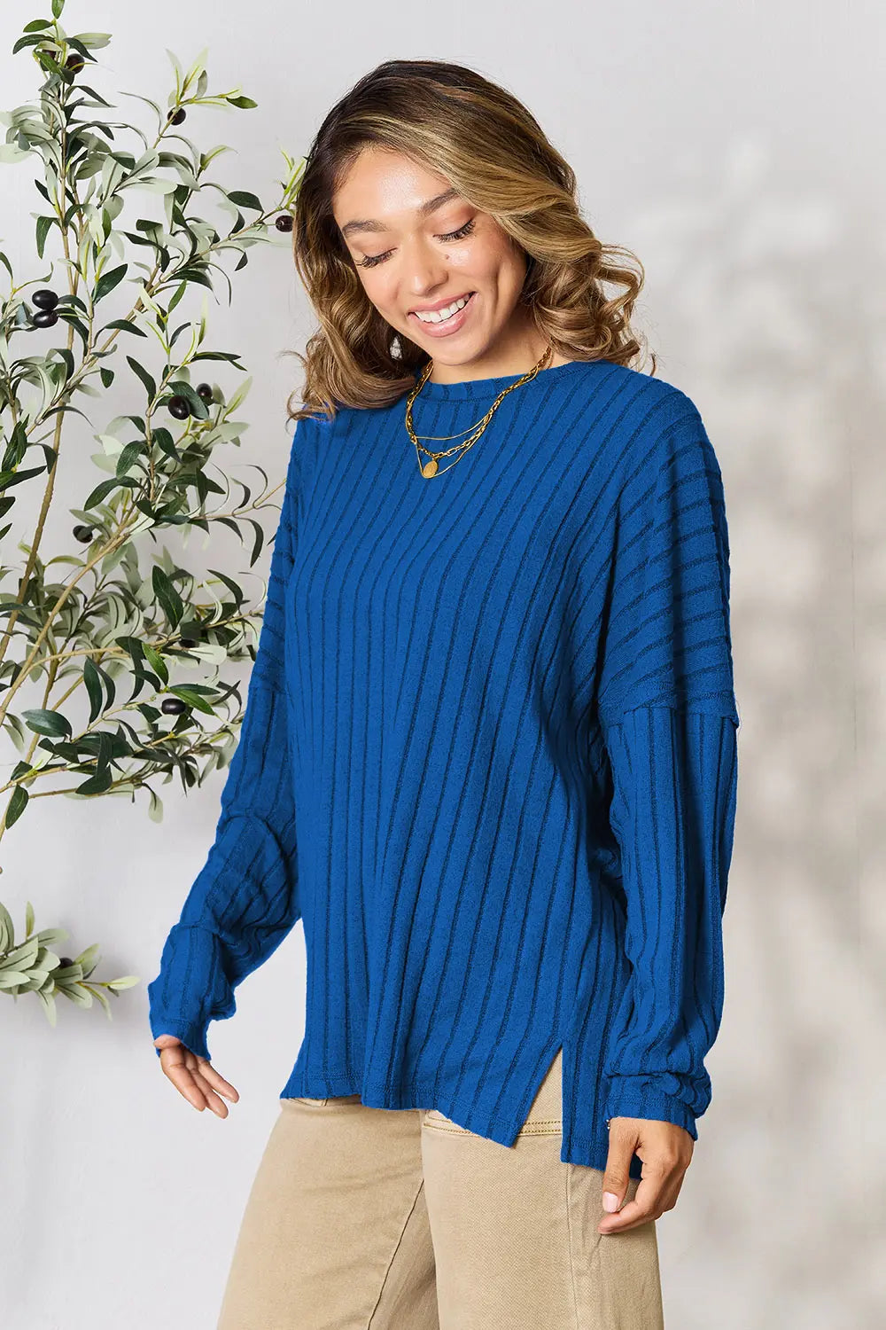 Ribbed knit round neck tunic top with side slits
