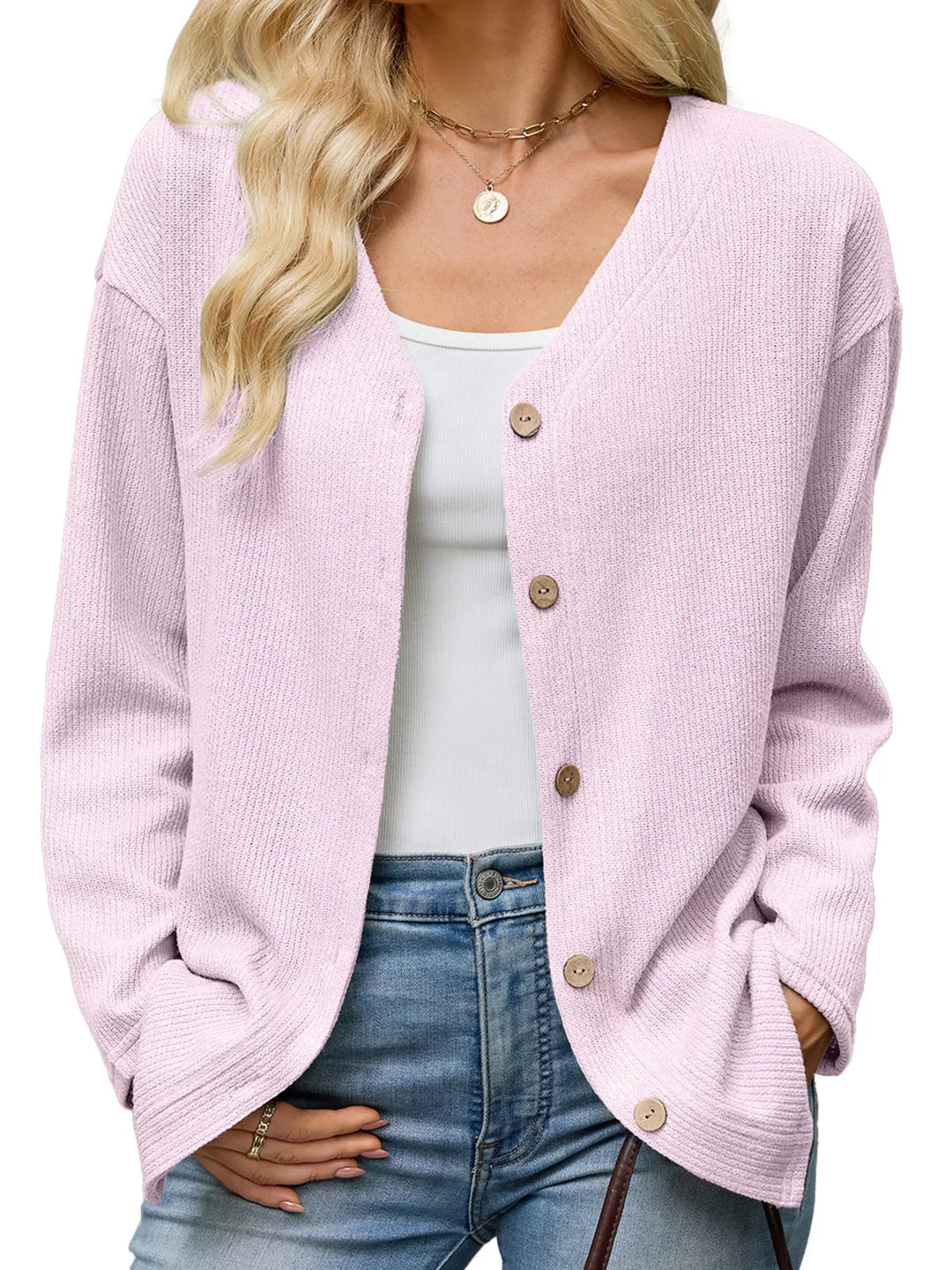 Waffle knit V-neck button-down cardigan with pockets