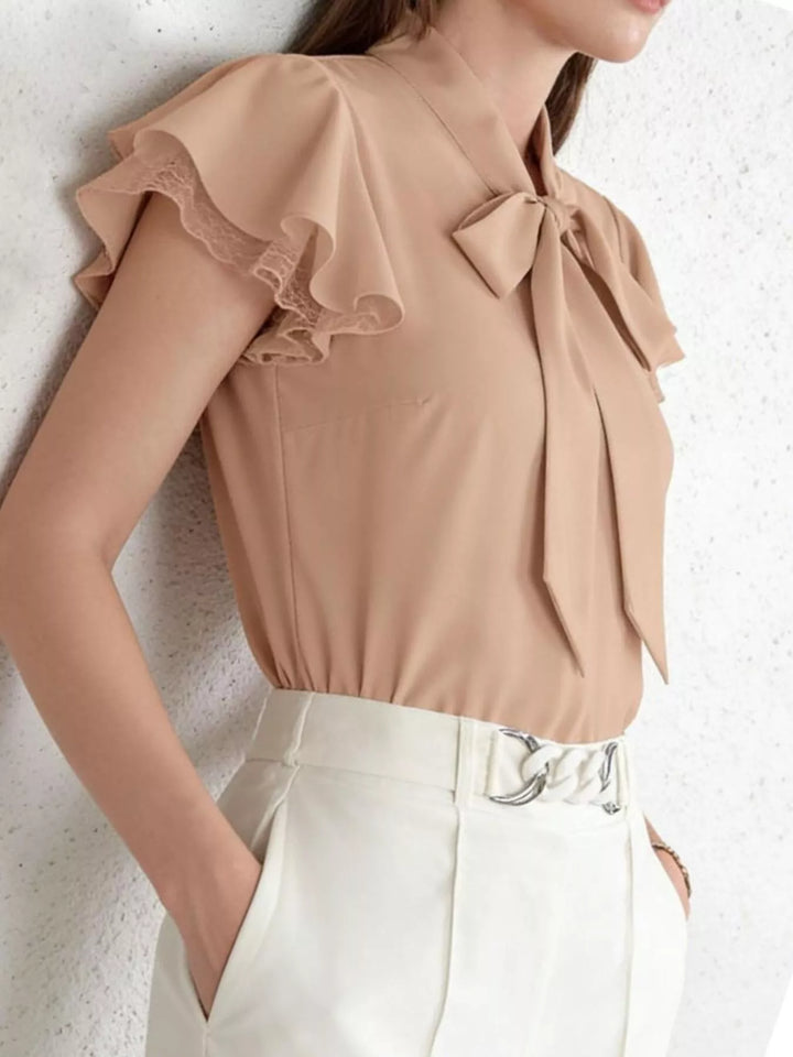 Tan Tie-neck ruffle cap sleeve blouse with lace trim