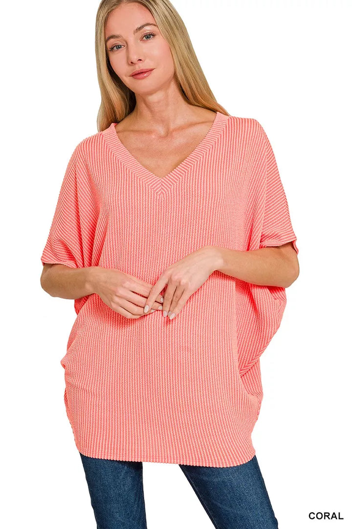 CORAL Raised rib batwing V-neck top with relaxed fit
