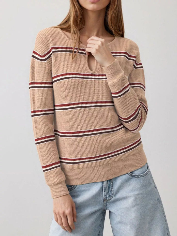 Khaki Striped ribbed knit sweater with keyhole neckline