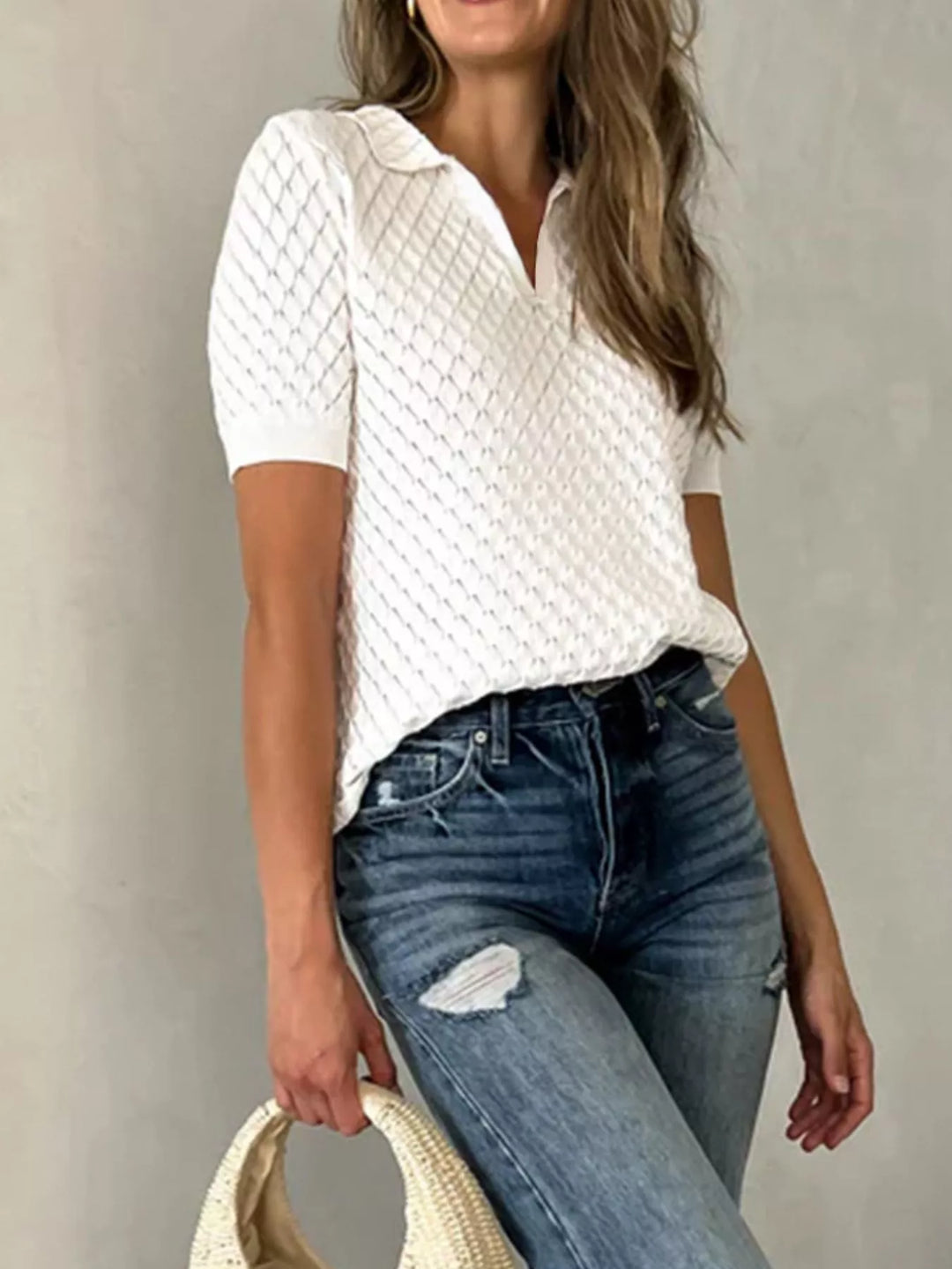 Textured pointelle knit collared short sleeve top