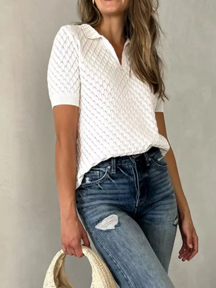 Textured pointelle knit collared short sleeve top