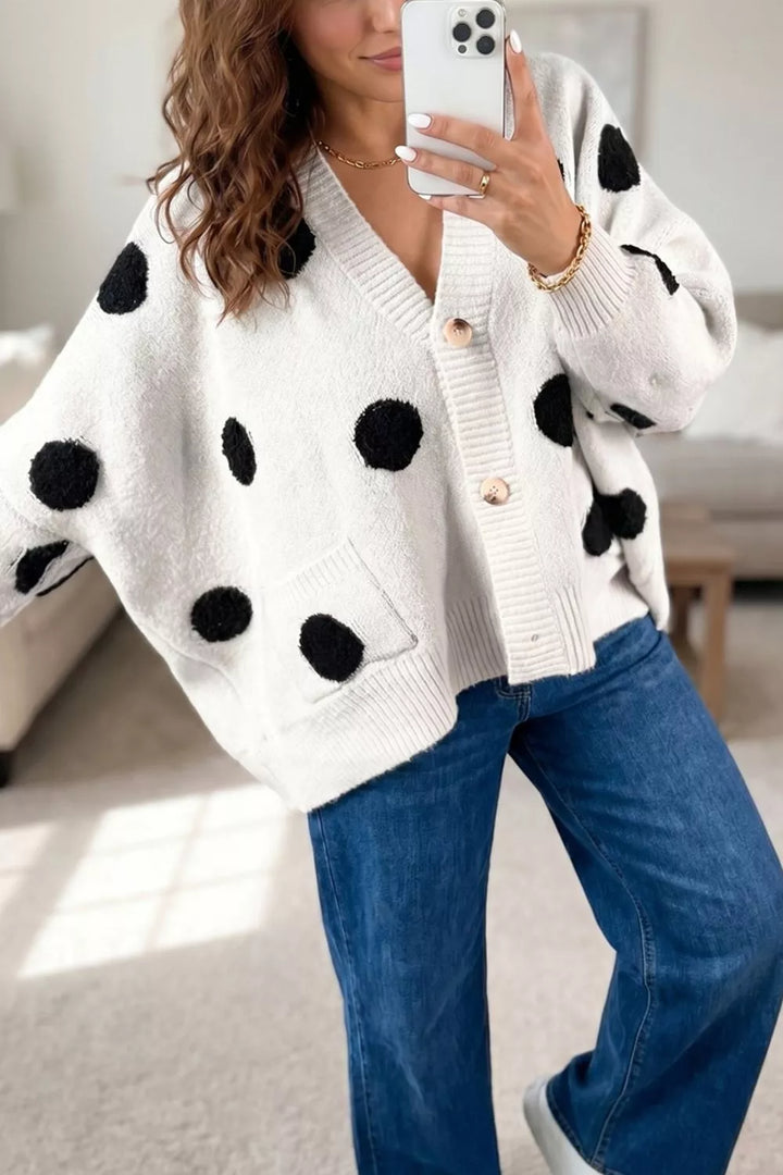 Fuzzy polka dot button-up knit cardigan with pockets
