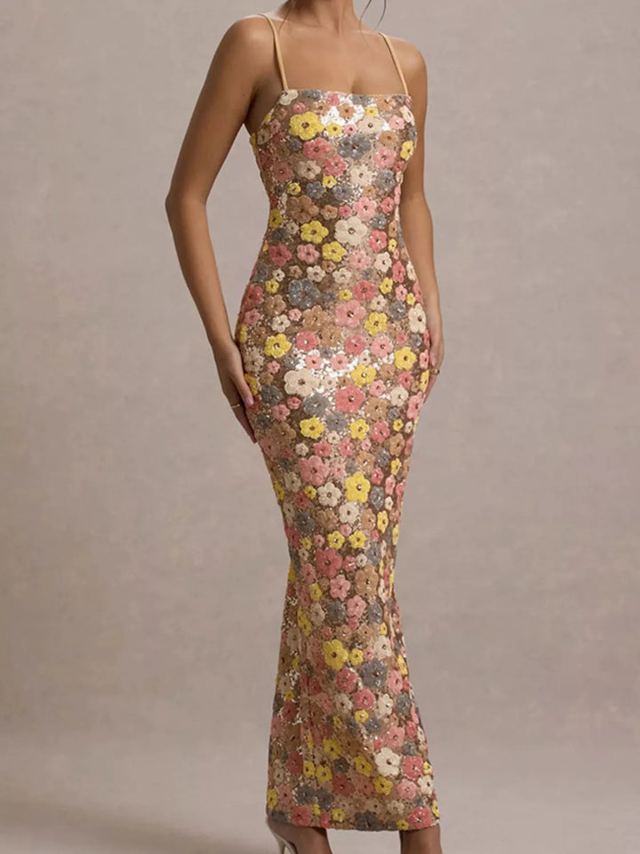 Floral sequin bodycon maxi dress with side slit