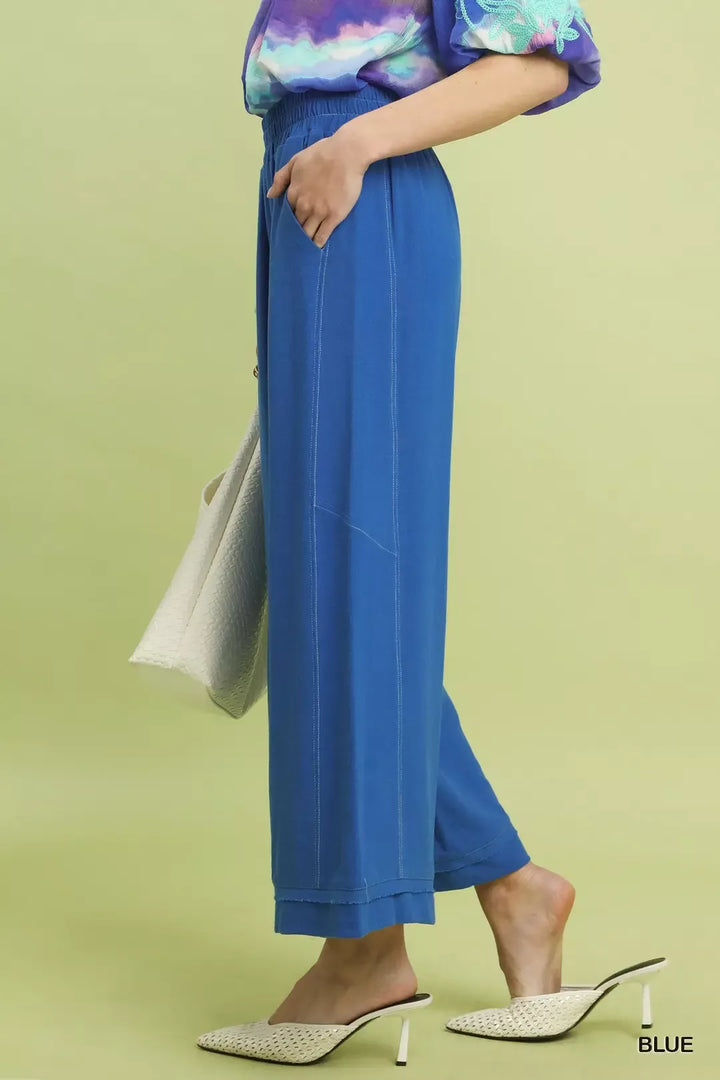 Linen blend wide-leg pants with elastic waist and side pockets