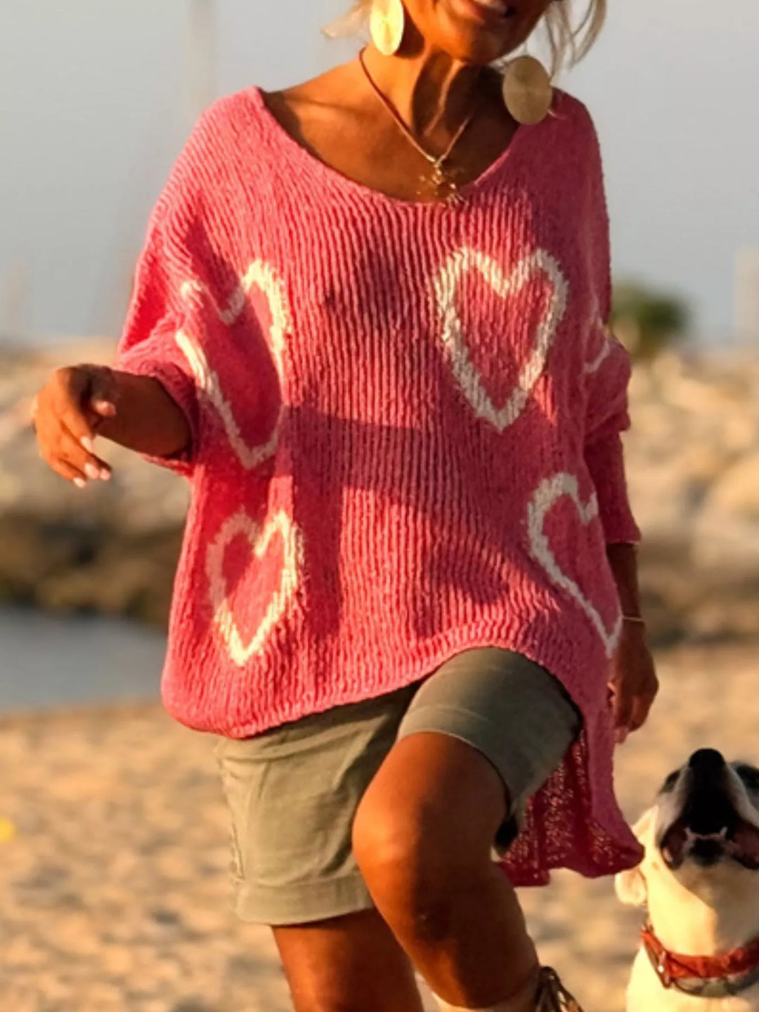 Heart motif V-neck dropped-shoulder knit sweater