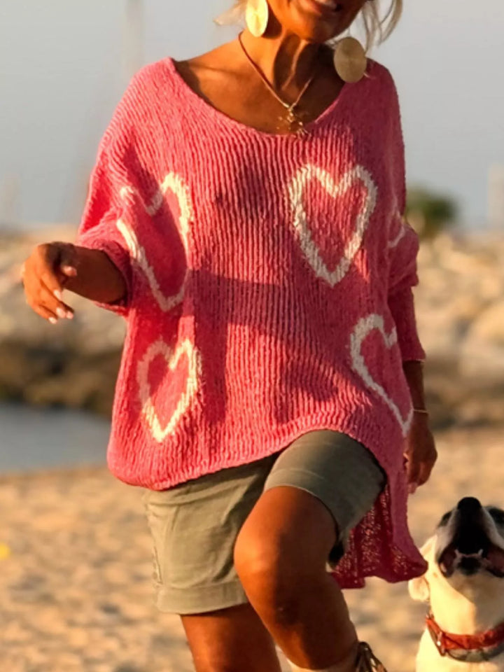 Heart motif V-neck dropped-shoulder knit sweater