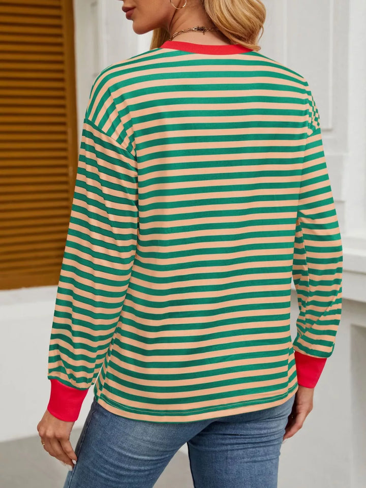 Contrast-trim striped long sleeve crew neck top