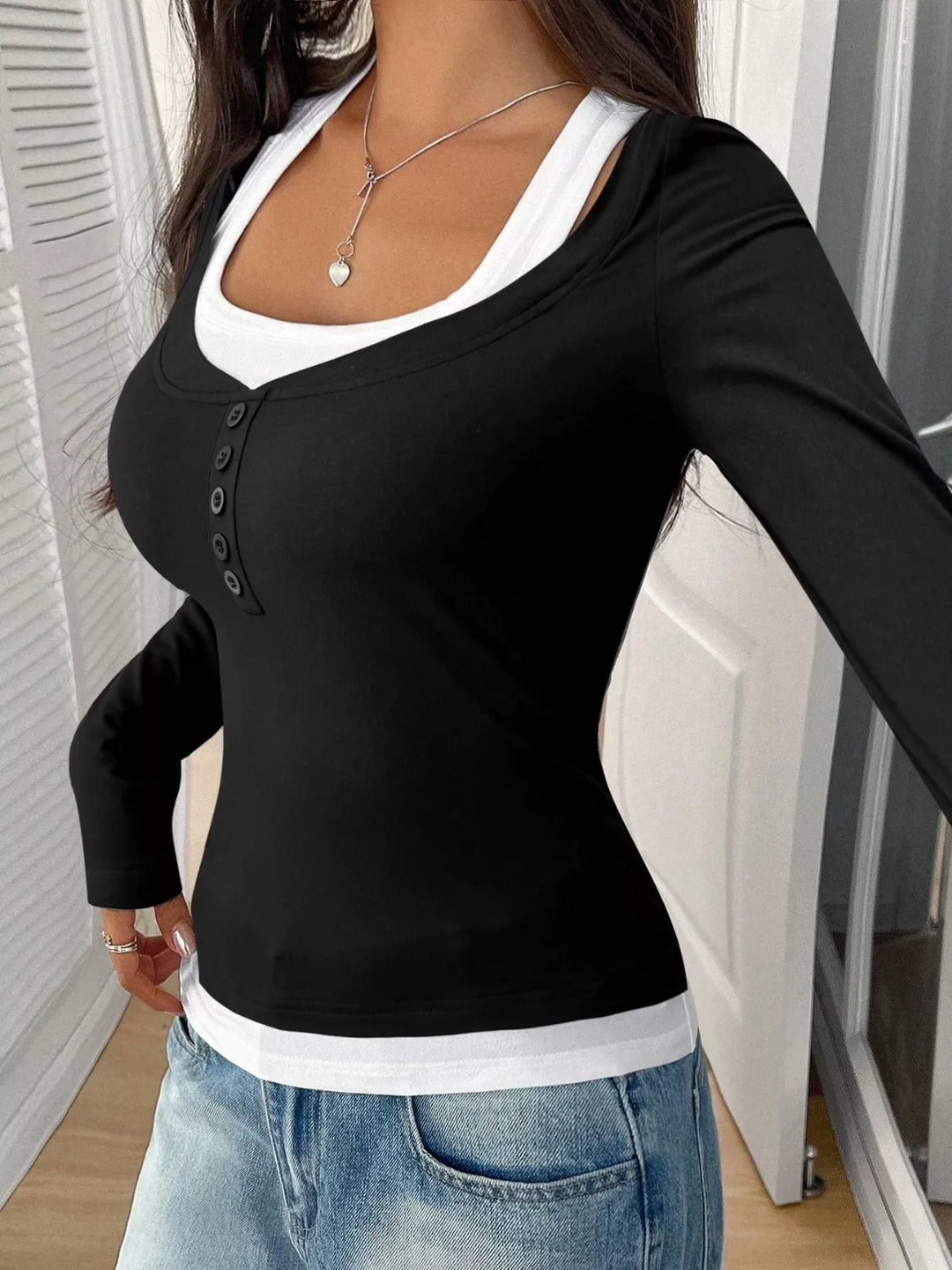 Fake two-piece contrast long sleeve henley top