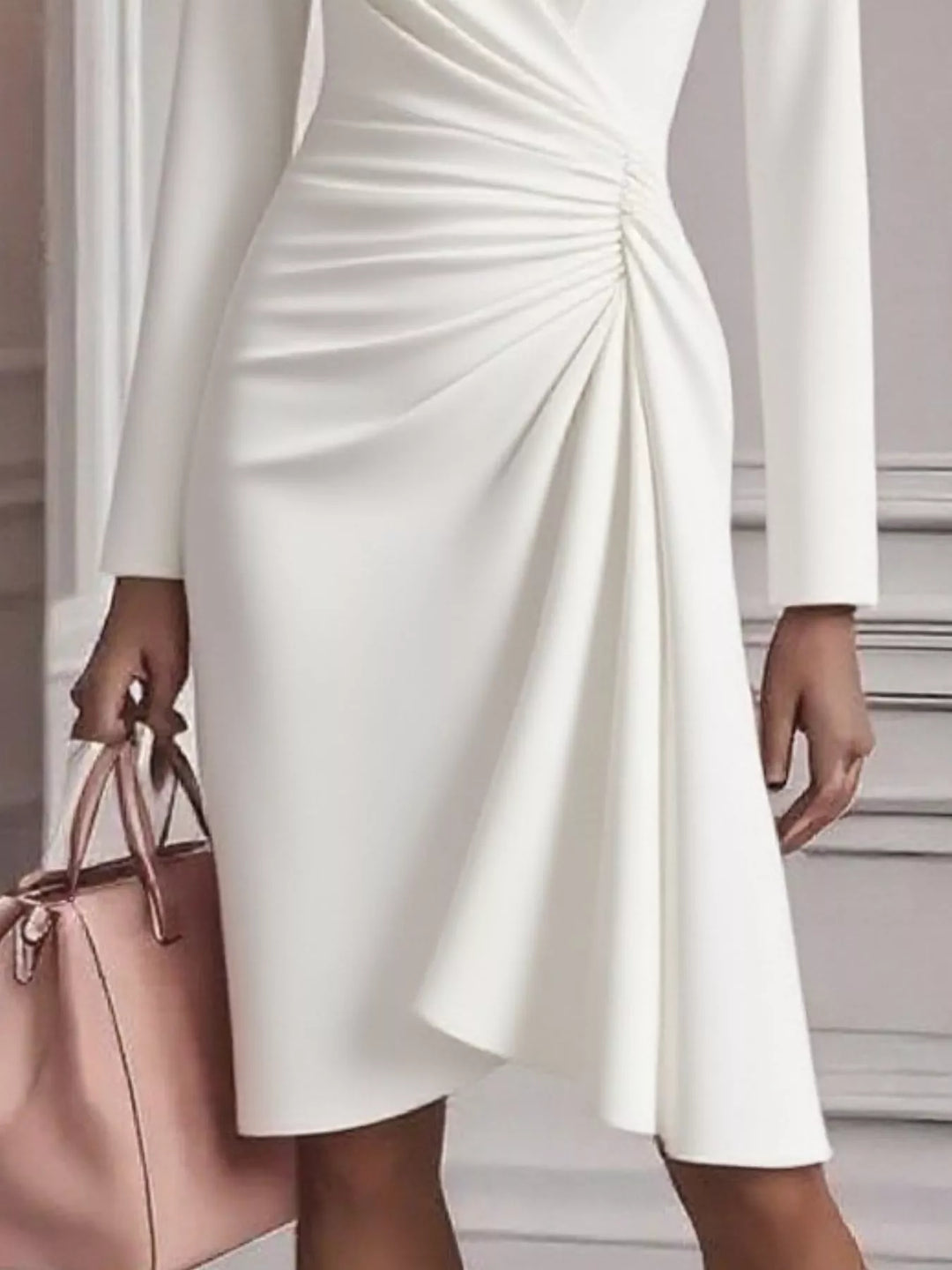 Ruched surplice long sleeve midi dress with asymmetric hem