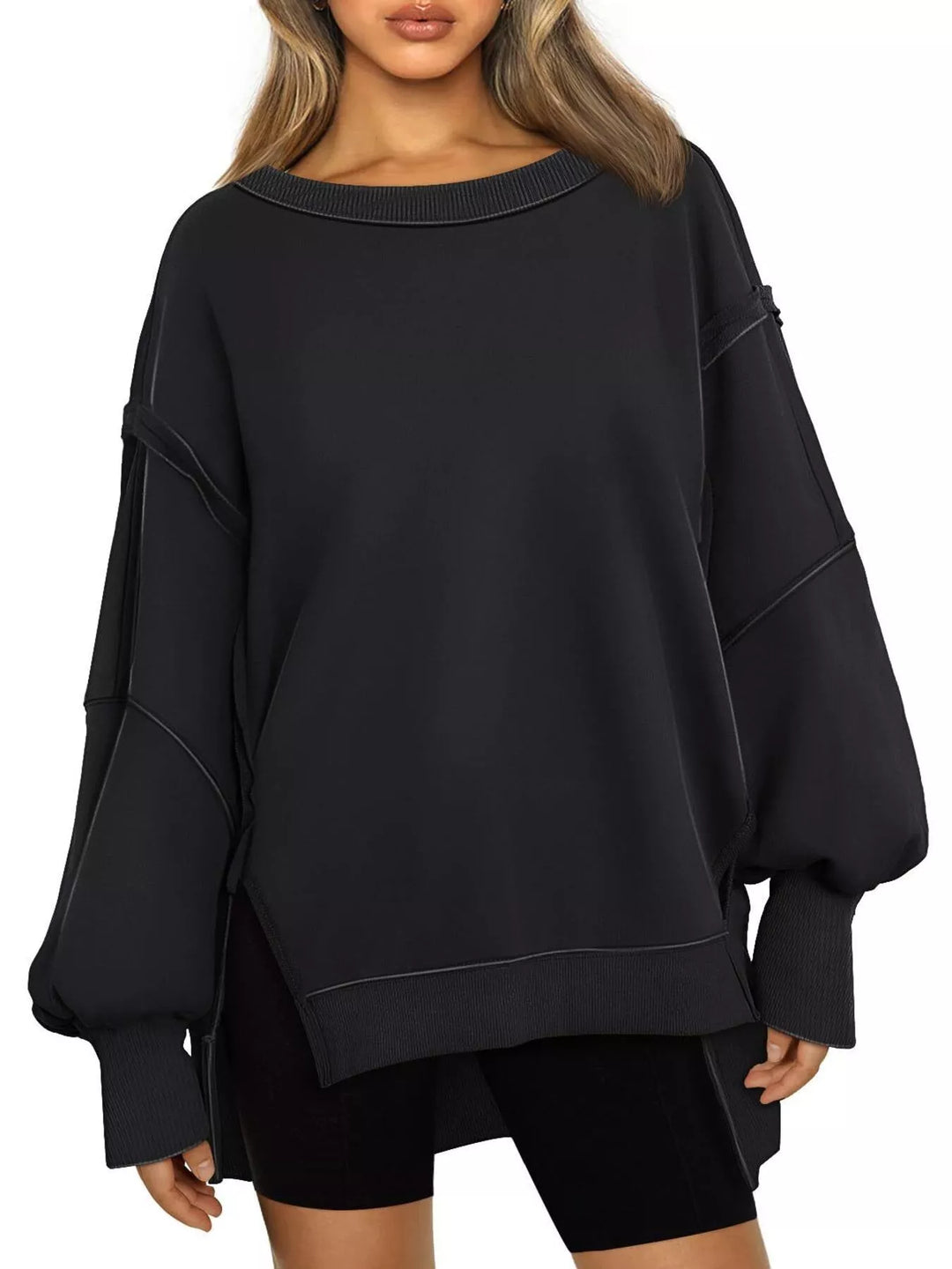 Black Oversized side-slit sweatshirt with exposed seams