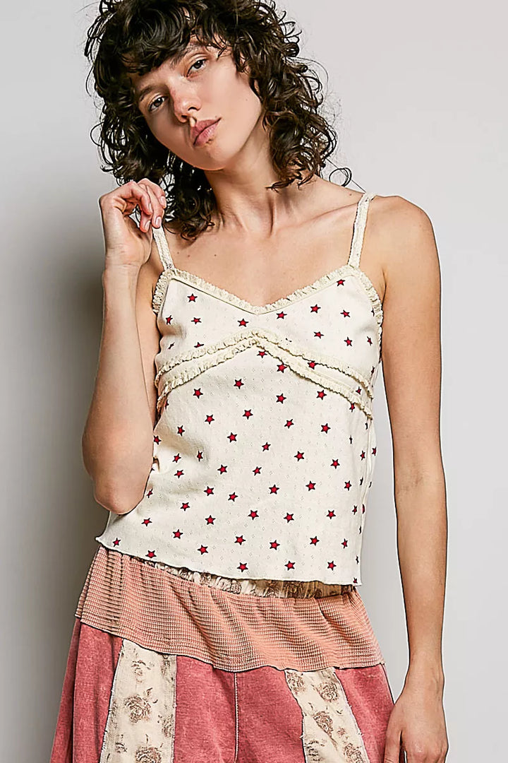 Allover star print ribbed cami with ruffle trim