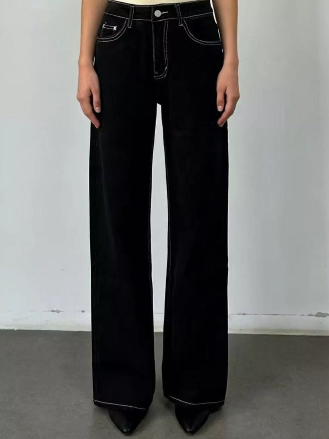 Black High-rise wide-leg jeans in faded mid-wash denim