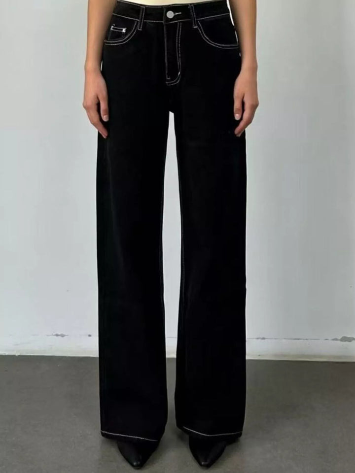 Black High-rise wide-leg jeans in faded mid-wash denim