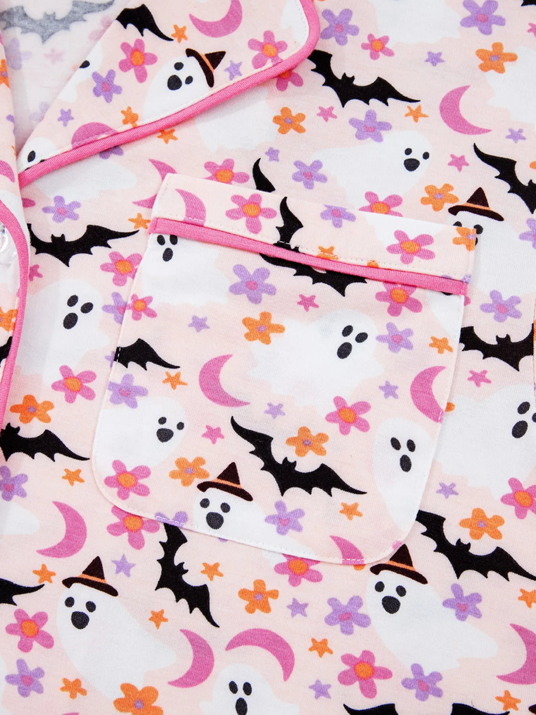 Ghost and bat print button-up pajama set with piped trim