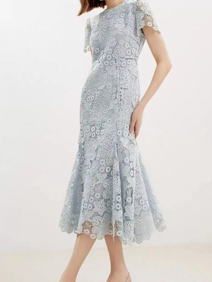 Light Blue Short sleeve floral lace mermaid maxi dress