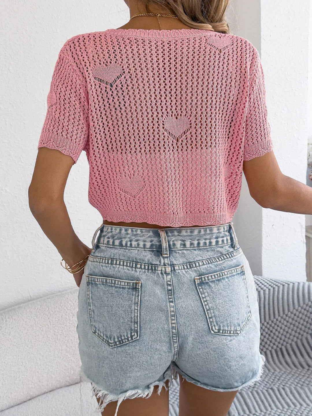 Crochet knit heart-pattern tie-front crop cardigan