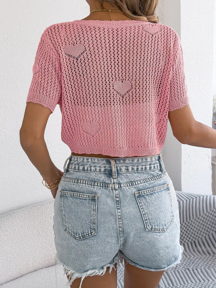 Crochet knit heart-pattern tie-front crop cardigan