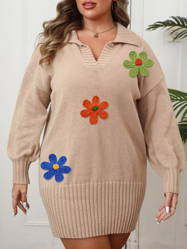 Floral applique collared sweater dress with ribbed hem