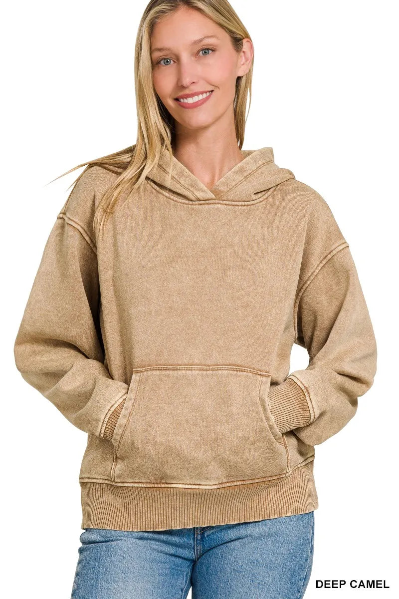Acid wash fleece pullover hoodie with kangaroo pocket
