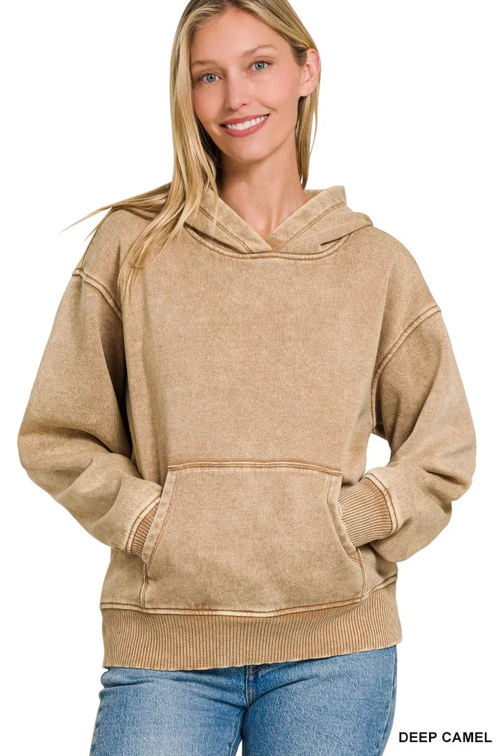 Acid wash fleece pullover hoodie with kangaroo pocket