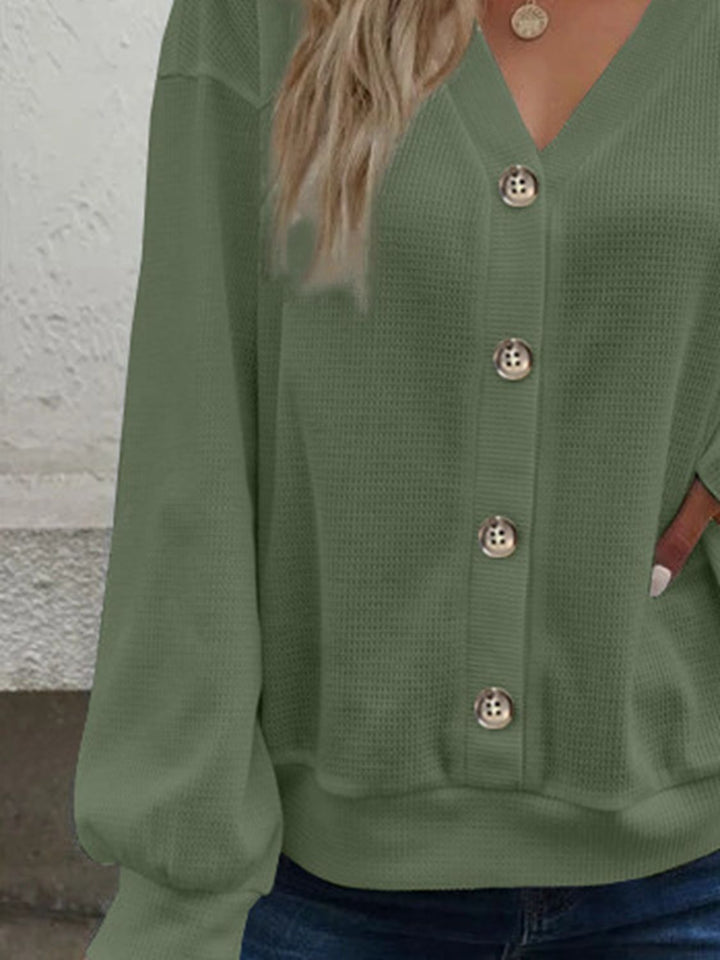 Waffle-knit V-neck button-front top with dropped shoulders