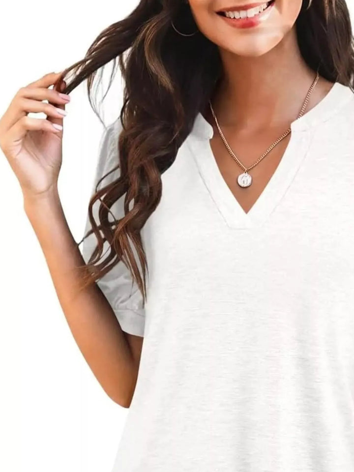 Short puff sleeve notched V-neck casual tee