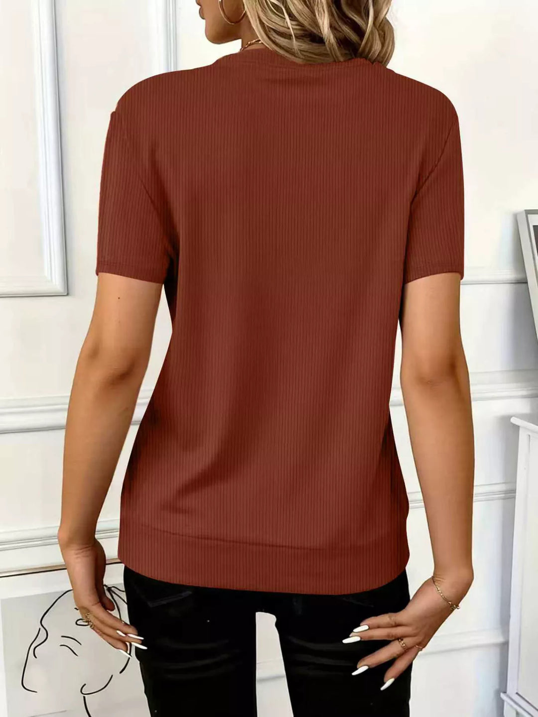 Ribbed half-zip short sleeve top with O-ring pull