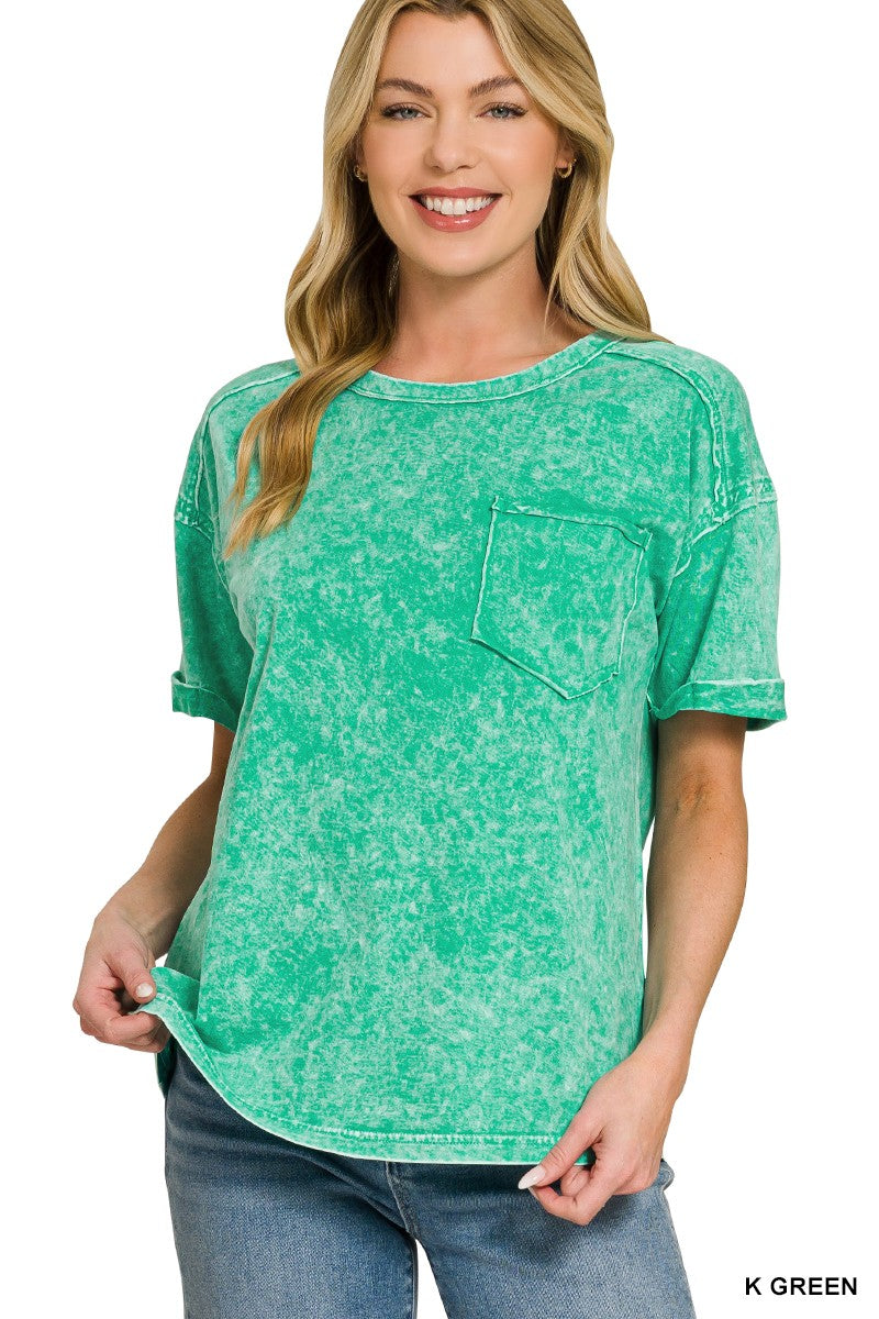 K GREEN Mineral wash relaxed pocket tee with rolled sleeves