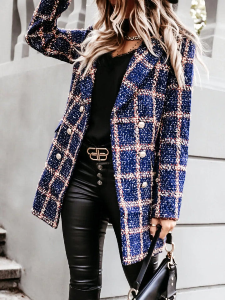 Houndstooth tweed double-breasted blazer coat with gold buttons
