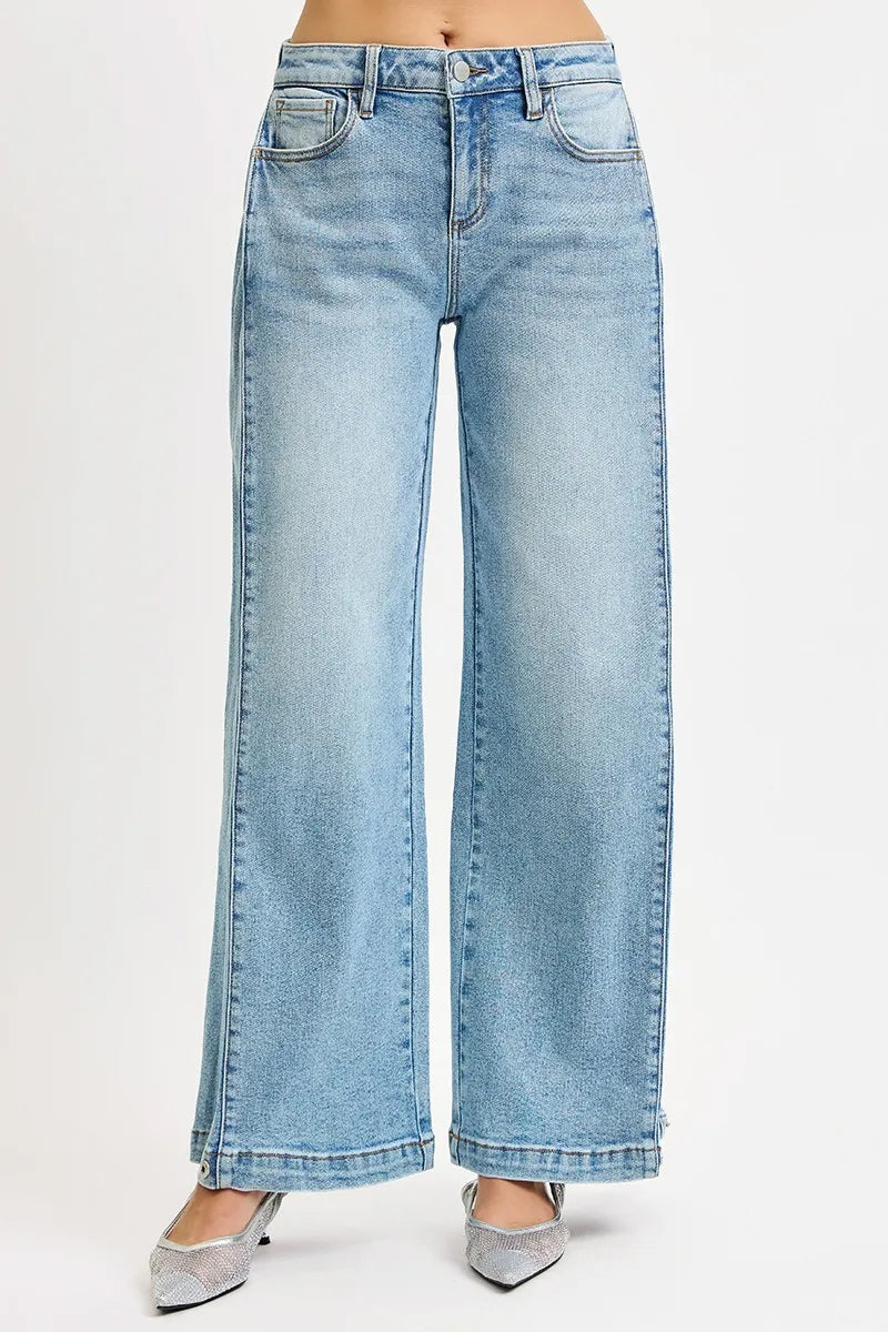 Mid-rise wide barrel jeans with adjustable snap hem