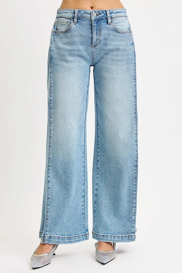 Mid-rise wide barrel jeans with adjustable snap hem