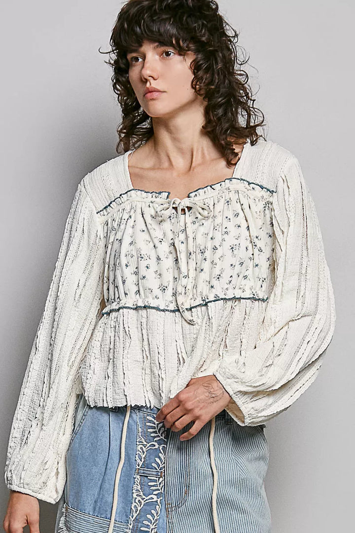 Square neck balloon sleeve boho top with floral panel
