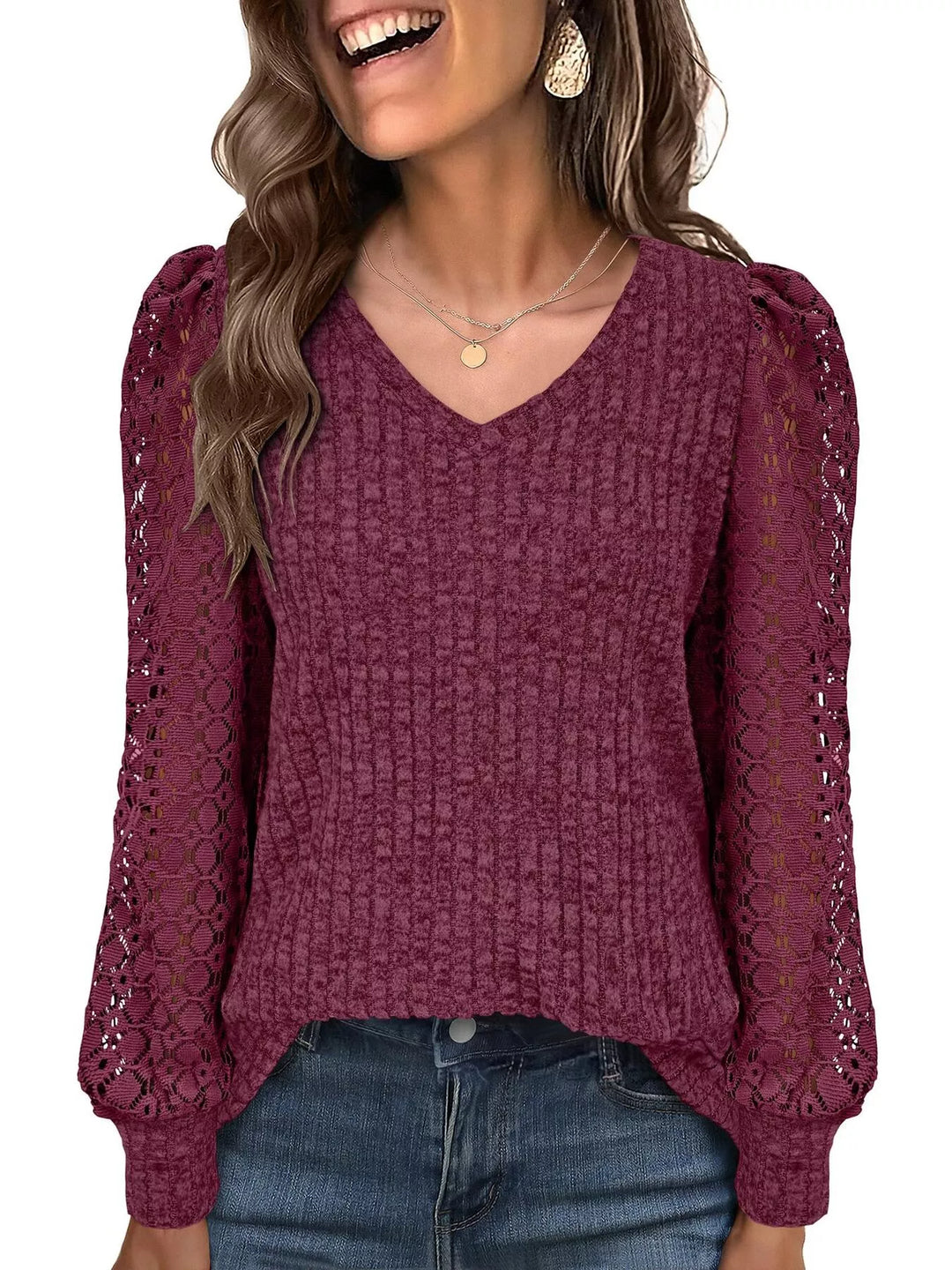 Sheer lace sleeve ribbed knit V-neck top