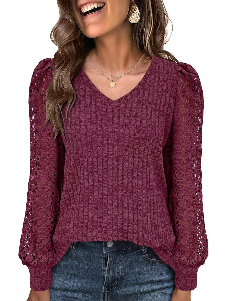 Sheer lace sleeve ribbed knit V-neck top