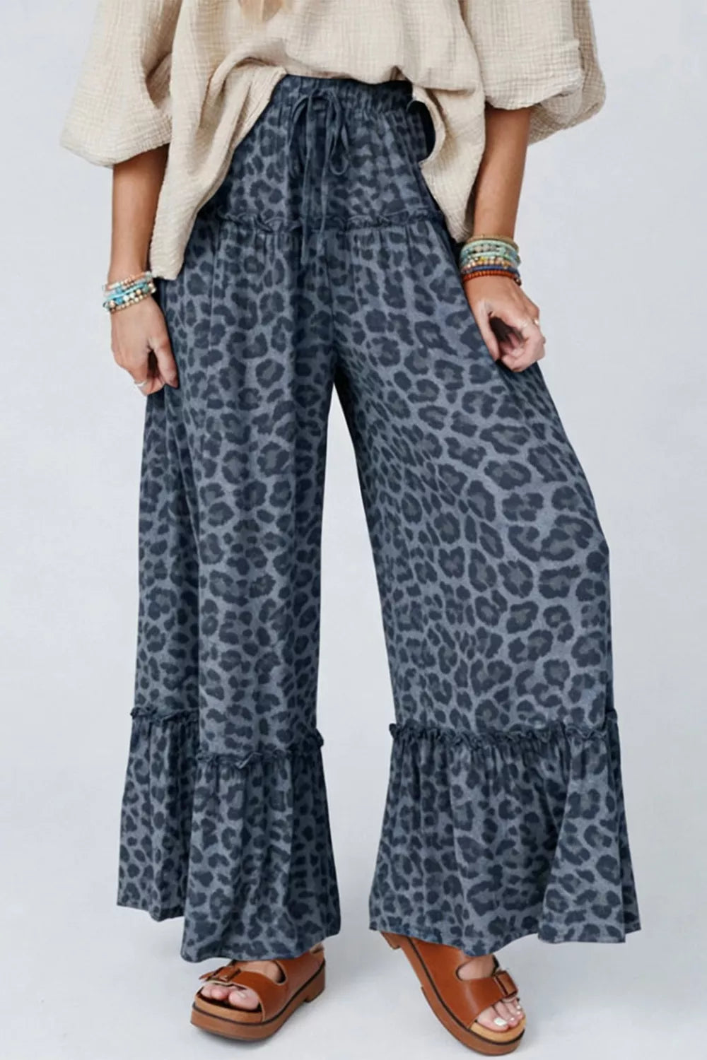 Dark Navy Tiered ruffle leopard wide-leg pants with drawstring waist