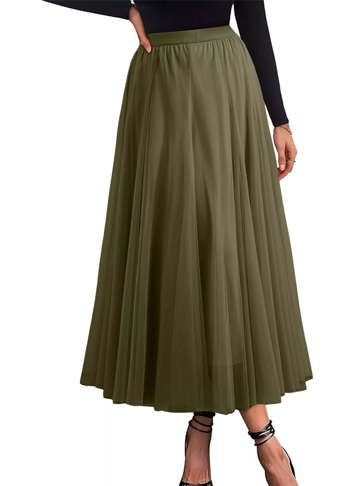 Army Green Flowy tulle A-line midi skirt with elastic waistband