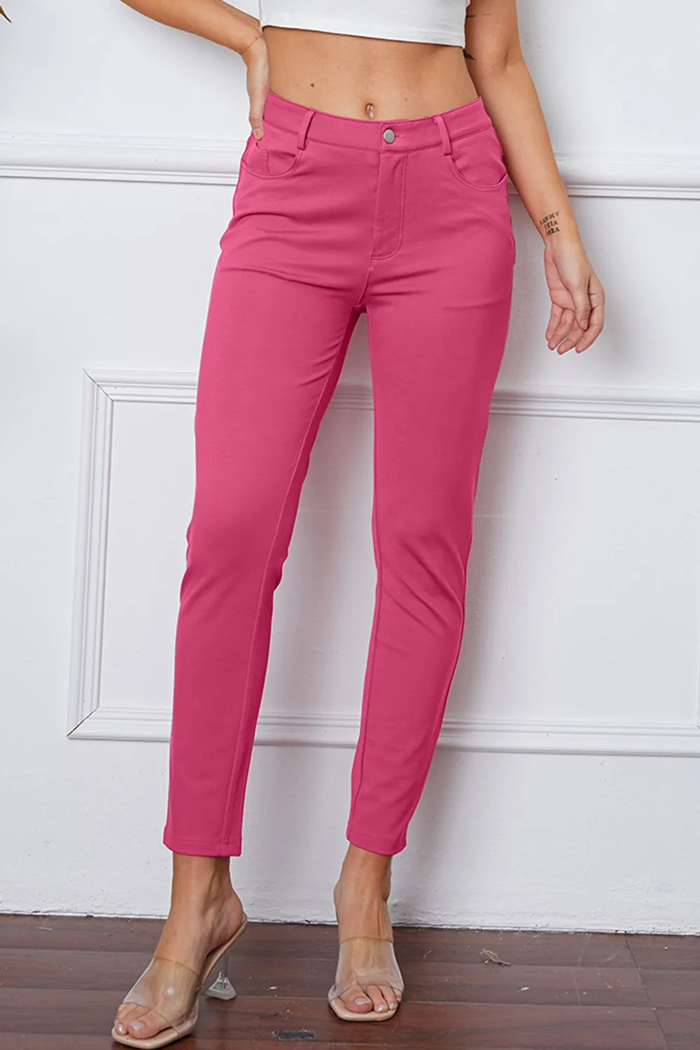 Slim-fit stretch ankle pants with five-pocket styling