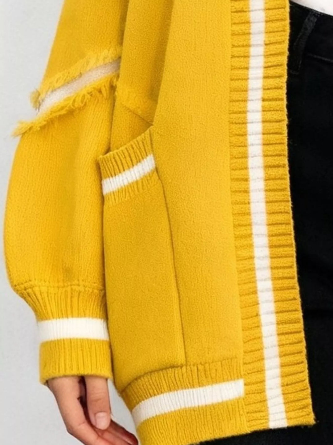 Frayed exposed-seam open front cardigan with striped trim