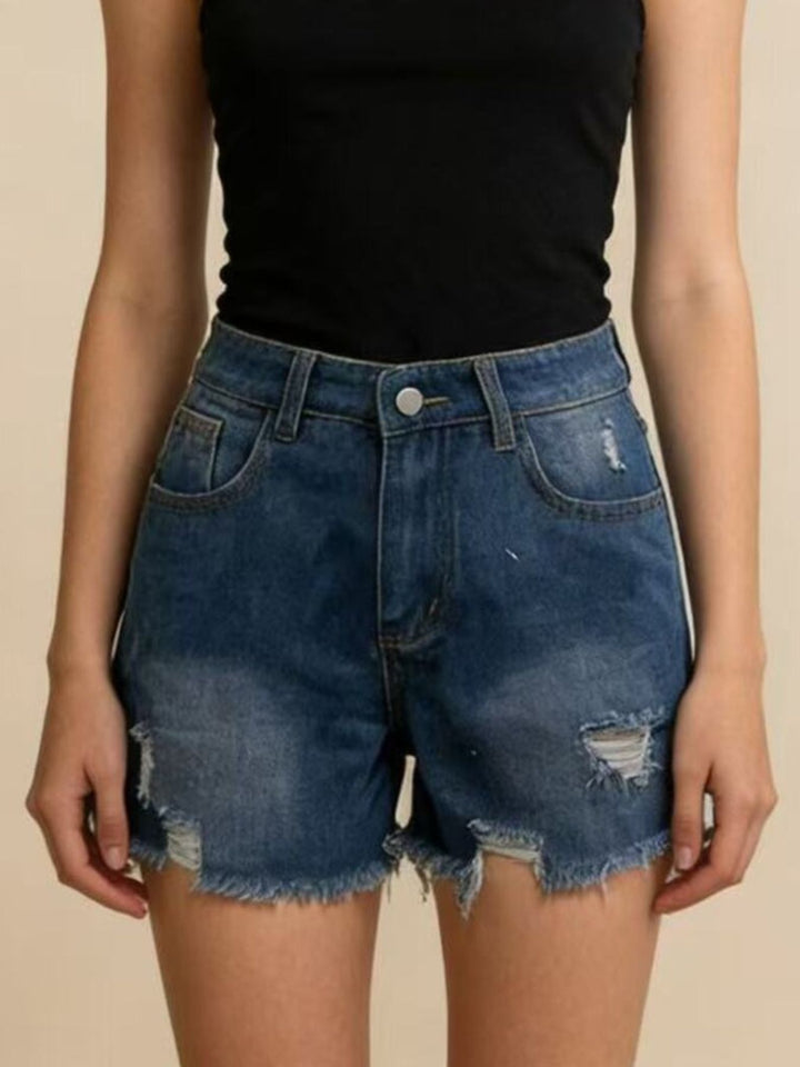 Distressed high-rise denim shorts with frayed raw hem